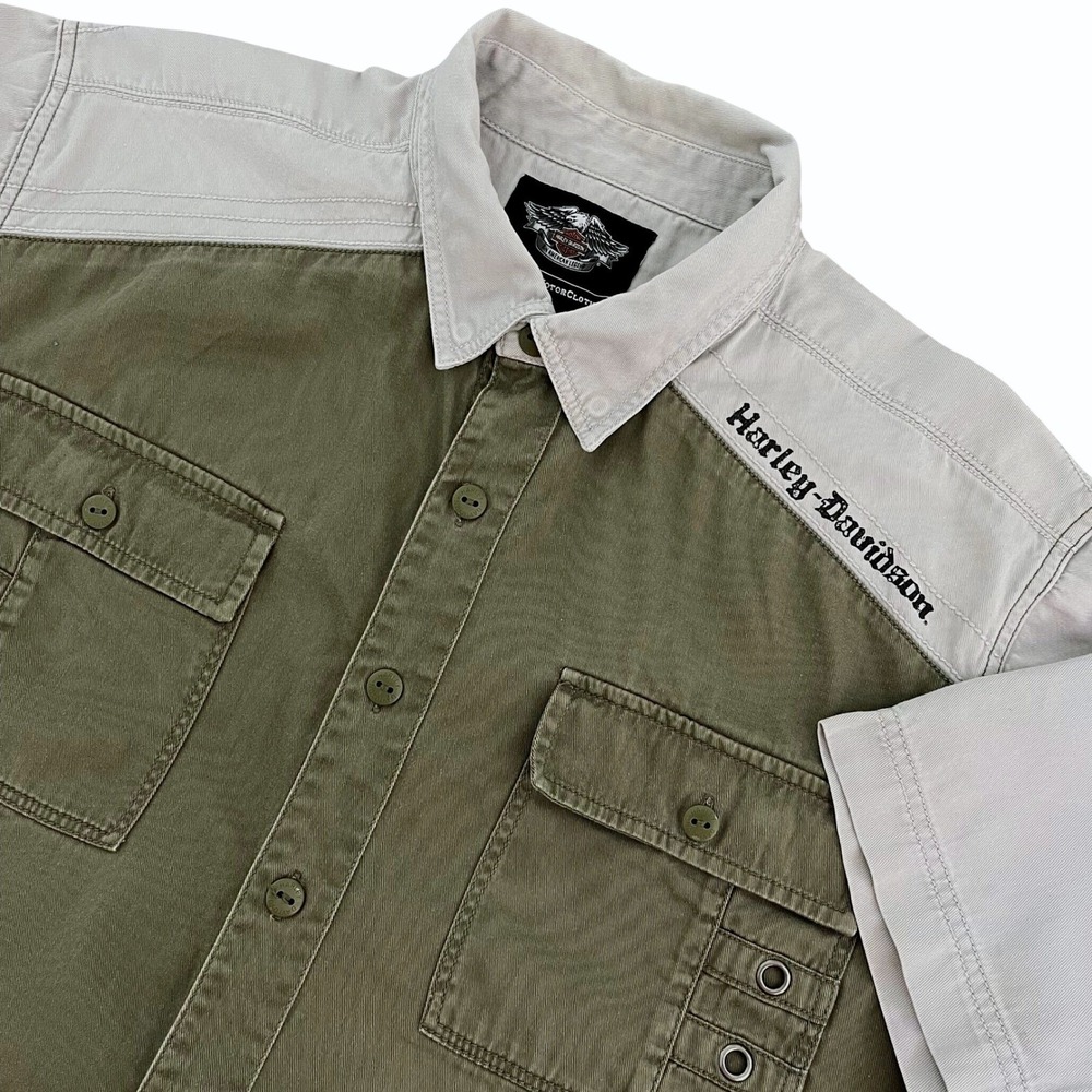 Harley-Davidson Mens Shirt XL Green Grey Colorblock  Short Sleeve Biker Workwear